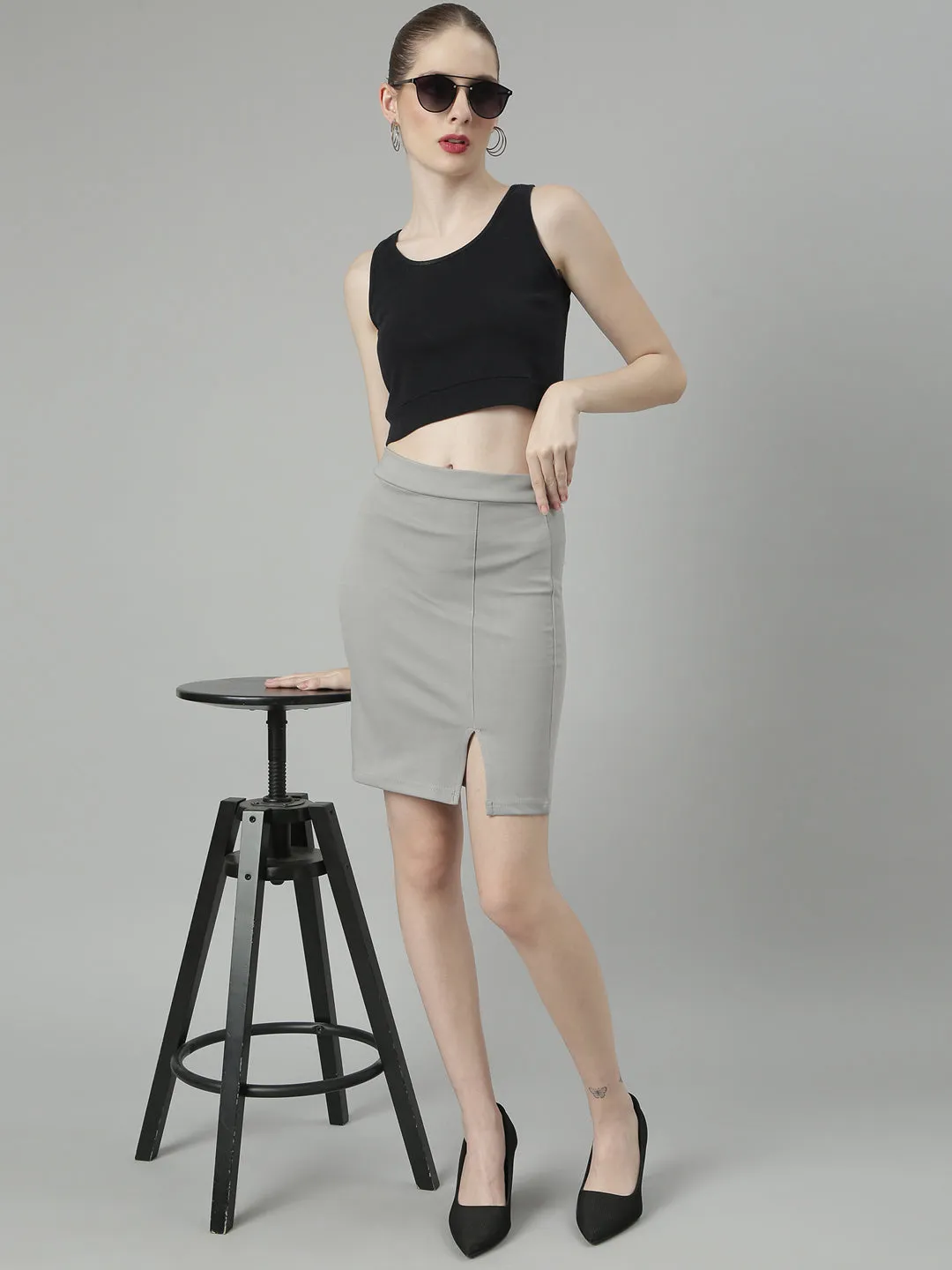 Women Grey Front Slit Pencil Mini Skirt