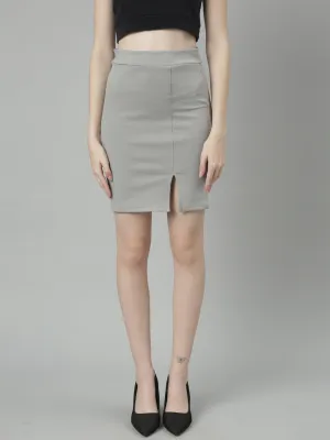 Women Grey Front Slit Pencil Mini Skirt