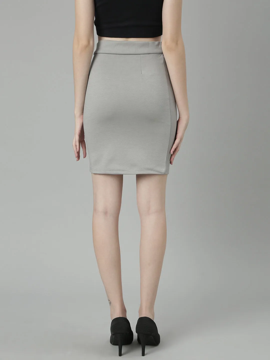 Women Grey Front Slit Pencil Mini Skirt