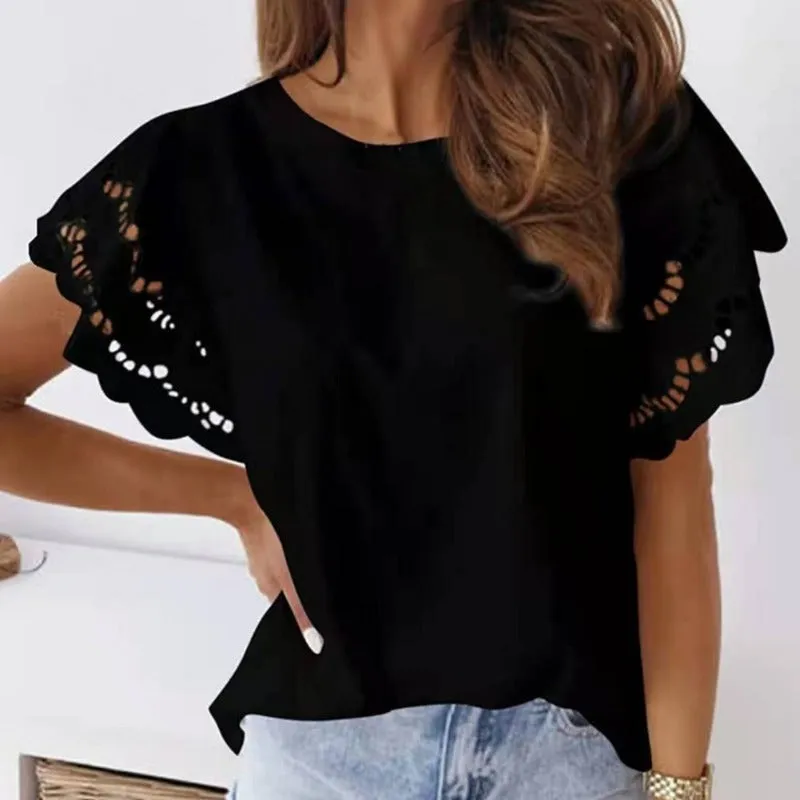 Women's Lace Sleeve Top - Round Neck - Lightweight Relaxed Fit - Scalloped Detail