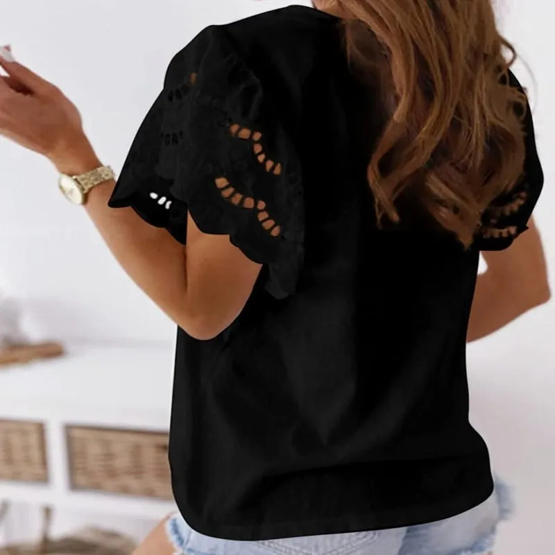Women's Lace Sleeve Top - Round Neck - Lightweight Relaxed Fit - Scalloped Detail