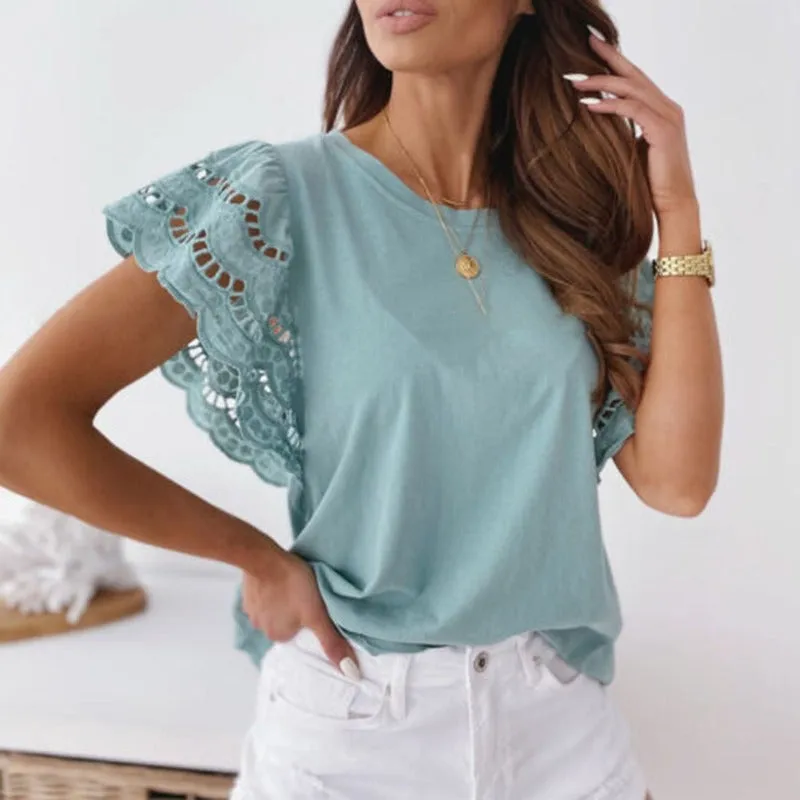 Women's Lace Sleeve Top - Round Neck - Lightweight Relaxed Fit - Scalloped Detail