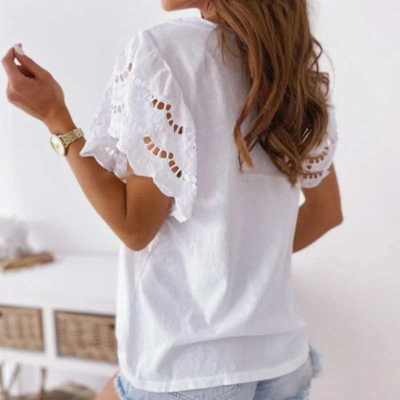 Women's Lace Sleeve Top - Round Neck - Lightweight Relaxed Fit - Scalloped Detail