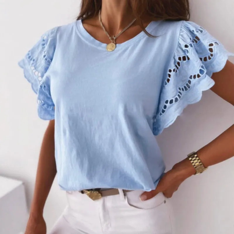 Women's Lace Sleeve Top - Round Neck - Lightweight Relaxed Fit - Scalloped Detail