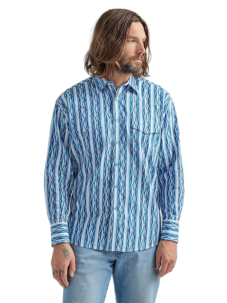 Wrangler Men's Checotah Long Sleeve Western Snap Printed Sea Blue Shirt