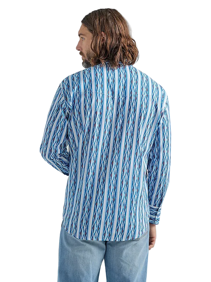 Wrangler Men's Checotah Long Sleeve Western Snap Printed Sea Blue Shirt